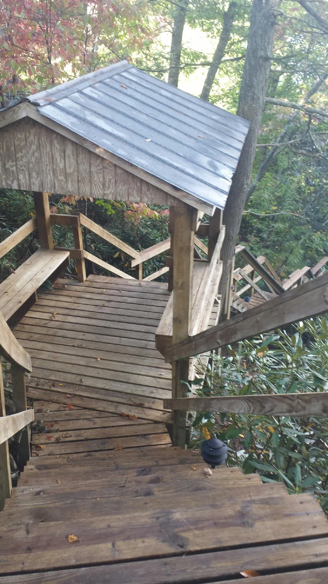 Metal roofed shelter over wooden steps on a wooded walkway — Skylight Repair & Installation work by our crew in Spring Valley